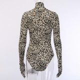High-necked Long-sleeved Bottoming Top Leopard Print Glove Bodysuit