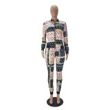 Hot Sale Casual Fashion Pattern Printing Zipper Cardigan Suit