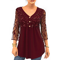Autumn Lace Beads Hot Sale Three-quarter Sleeve Plus Size T-shirt