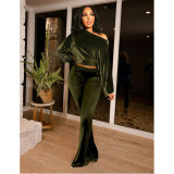 Nightclub Flannel Shoulder Lantern Sleeve Pocket Flared Pants Set