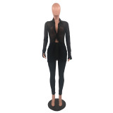 Sexy Solid Color Horn Long-sleeved Pleated Mesh Casual Suit