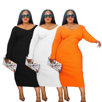New Large Size Casual Fashion V-neck Big Pit Strip Solid Color Dress