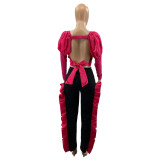 Fashion Sexy Suit With Puff Sleeve Back Butterfly Pleated Trousers Knot