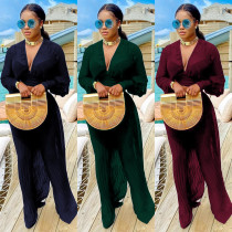 Pleated Bust V-neck Fashion Casual Wide-leg Pants Suit