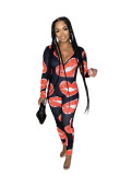 Autumn And Winter Personality Fashion Love Lips Sexy Print Jumpsuit