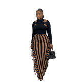 Autumn And Winter Striped Print Burnt Flower Fringed Pencil Maxi Skirt