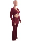 Ribbed Cropped Stretch Pit Strip Long-sleeved Flared Jumpsuit