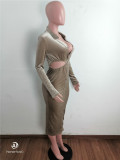 Stretch Woolen Fleece Long-sleeved Low-waist Deep V Midi Dress