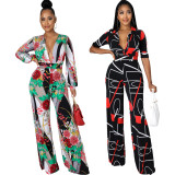 Classical Printed V-neck Loose Straight Leg Women's Jumpsuit