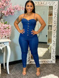 New Slim-fit Denim Jumpsuit With Suspenders And Feet