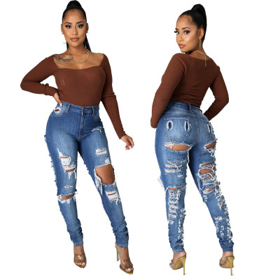 Fashion Slim Trend High Waist Ripped Denim Pants