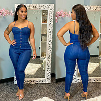 New Slim-fit Denim Jumpsuit With Suspenders And Feet