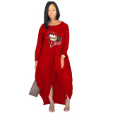 Hot Sale Fashion Offset Printing Lips Irregular Long Dress