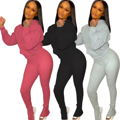 Hooded Sweatshirt Split Pants Solid Color Sports Suit