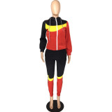 Multicolor Stitching Hooded Sports Sweatshirt Suit