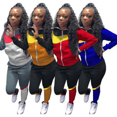 Multicolor Stitching Hooded Sports Sweatshirt Suit