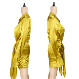 Fashionable Slim Gold Tie Long Sleeve One-Piece Shirt Short Skirt