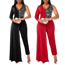 Fashion Sequin V-neck Waist Stitching Plus Size Jumpsuit