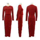 Sexy Autumn And Winter Solid Color Pleated Waist Long Dress