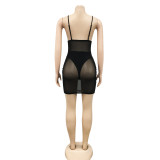 Fashion Solid Color Sexy Suspender Mesh See-through Dress
