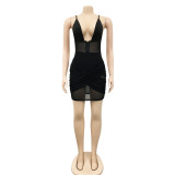 Fashion Solid Color Sexy Suspender Mesh See-through Dress