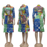 Three-quarter Sleeves Buttoned Lapel Fashion Printed Shirt Dress
