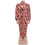 Sexy Plus Size Autumn Leopard Print Puff Sleeve Dress