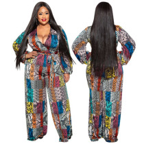 Large Size Autumn Print Big V-neck Long-sleeved Jumpsuit