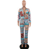 Fashionable Printed Stretch Fabric Pants Suit