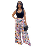 Printed Casual Vogue Letters Wide-leg Culottes With Pockets
