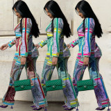 Fashionable Printed Stretch Fabric Pants Suit