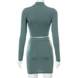 Casual Hit Color Round Neck Pullover Stitching Short Skirt Suit