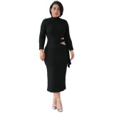 Wish Large Size Tight-fitting Solid Color High-waist Hollow Dress