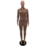Leopard Print Fashion Zipper Collar Printed Leopard Suit