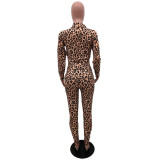 Leopard Print Fashion Zipper Collar Printed Leopard Suit