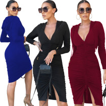 Fashion Sexy Deep V-neck Front Slit With Tie Rope Retractable Dress