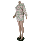New Autumn Ins Camouflage Pocket Hooded Drawstring Dress