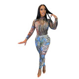 Autumn And Winter Fashion Stretch Print Sexy Mesh Jumpsuit