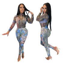 Autumn And Winter Fashion Stretch Print Sexy Mesh Jumpsuit