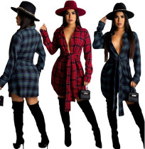Autumn And Winter Long-sleeved Lace-up Plaid Shirt Dress