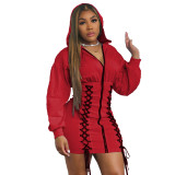 Hooded Long Sleeve Zip Dress with Lace Up