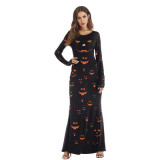 Halloween Dress Up Party Pumpkin Lantern Long Sleeve Dress