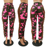 Ripped Burnt Fringed Camouflage Sports Joint Slim-fit Jeans