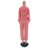 Hooded Zipper Jacket With Fluffy Elastic Sports Three-piece Suit