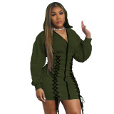 Hooded Long Sleeve Zip Dress with Lace Up