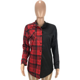 Check Shirt With Plaid Print Stitching Personality Neckline With Belt