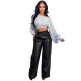 Fall New Fashion Solid Color Faux Leather Wide-leg Pants