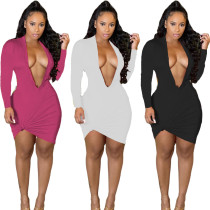Sexy Bare Chest Deep V Nightclub Style Solid Color Dress