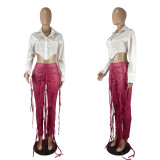Fashion Wish Strap Solid Color Zipper Leather Pants Shirt Suit