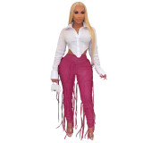Fashion Wish Strapped Straps Solid Color Zipper Leather Pants